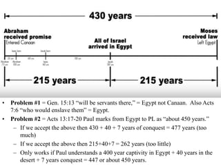 • Problem #1 = Gen. 15:13 “will be servants there,” = Egypt not Canaan. Also Acts
7:6 “who would enslave them” = Egypt.
• Problem #2 = Acts 13:17-20 Paul marks from Egypt to PL as “about 450 years.”
– If we accept the above then 430 + 40 + 7 years of conquest = 477 years (too
much)
– If we accept the above then 215+40+7 = 262 years (too little)
– Only works if Paul understands a 400 year captivity in Egypt + 40 years in the
desert + 7 years conquest = 447 or about 450 years.
 