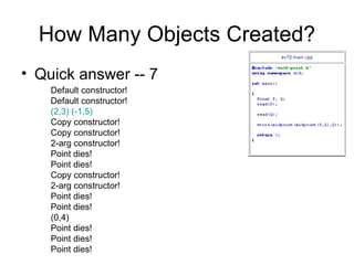 How Many Objects Created? Quick answer -- 7 Default constructor!  Default constructor!  (2,3) (-1,5)  Copy constructor!  Copy constructor!  2-arg constructor!  Point dies!  Point dies!  Copy constructor!  2-arg constructor!  Point dies!  Point dies!  (0,4)  Point dies!  Point dies!  Point dies!  
