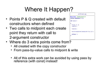 Where It Happen? Points P & Q created with default  constructors when defined Two calls to midpoint each create  point they return with call to  2-argument constructor  Where do 3 extra points come from?  All created with the copy constructor  From pass-by-value calls to midpoint & write All of this extra work can be avoided by using pass by reference (with const) instead!  