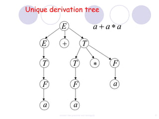 Unique derivation tree

           E                              a a a
    E                          T

     T                T                        F

     F                F                        a

     a                 a
          context free grammar and ambiguity       51
 