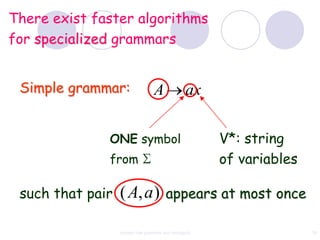 There exist faster algorithms
for specialized grammars


 Simple grammar:                  A              ax


              ONE symbol                               V*: string
              from                                     of variables

 such that pair   ( A, a ) appears at most once

                  context free grammar and ambiguity                  76
 