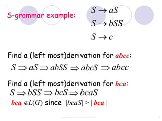 S        aS
S-grammar example:
                                            S        bSS
                                            S        c

Find a (left most)derivation for abcc:
 S    aS     abSS                  abcS              abcc
Find a (left most)derivation for bca:
S     bSS     bcS                 bcaS
 bca L(G) since |bcaS| > | bca |
                context free grammar and ambiguity          79
 