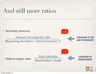 And still more ratios


    ✤    Inventory turnover:                           <4
               Annual cost of goods sold                    A MEASURE OF THE
                                                            AGE OF INVENTORY
        (Beginning inventory + ﬁnal inventory)/2


                                                       >1
                                   Total liabilities         A MEASURE OF
    ✤    Debt-to-equity ratio:                               INDEBTEDNESS
                                 Shareholders’ funds


Thursday, 28 March, 13
 