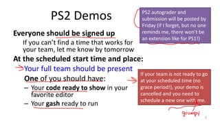 PS2 Demos
Everyone should be signed up
If you can’t find a time that works for
your team, let me know by tomorrow
At the scheduled start time and place:
Your full team should be present
One of you should have:
– Your code ready to show in your
favorite editor
– Your gash ready to run
2
PS2 autograder and
submission will be posted by
Friday (if I forget, but no one
reminds me, there won’t be
an extension like for PS1!)
If your team is not ready to go
at your scheduled time (no
grace period!), your demo is
cancelled and you need to
schedule a new one with me.
 