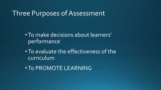 Three Purposes of Assessment
•To make decisions about learners’
performance
•To evaluate the effectiveness of the
curriculum
•To PROMOTE LEARNING
 