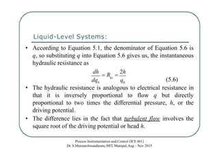 Liquid-Level Systems:
(5.6)
• The hydraulic resistance is analogous to electrical resistance in
that it is inversely proportional to flow q but directly
proportional to two times the differential pressure, h, or the
driving potential.
• The difference lies in the fact that turbulent flow involves the
square root of the driving potential or head h.
0 0
Process Instrumentation and Control (ICE 401)
Dr. S.Meenatchisundaram, MIT, Manipal,Aug – Nov 2015
hi
dq q
• According to Equation 5.1, the denominator of Equation 5.6 is
q, so substituting q into Equation 5.6 gives us, the instantaneous
hydraulic resistance as
dh
 R 
2h
 