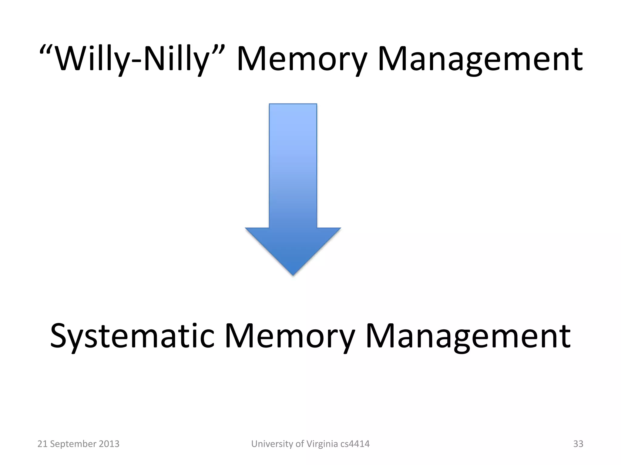 “Willy-Nilly” Memory Management
21 September 2013 University of Virginia cs4414 33
Systematic Memory Management
 
