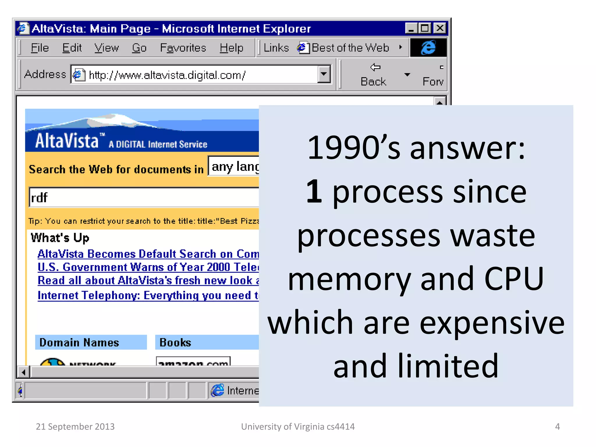 21 September 2013 University of Virginia cs4414 4
1990’s answer:
1 process since
processes waste
memory and CPU
which are expensive
and limited
 