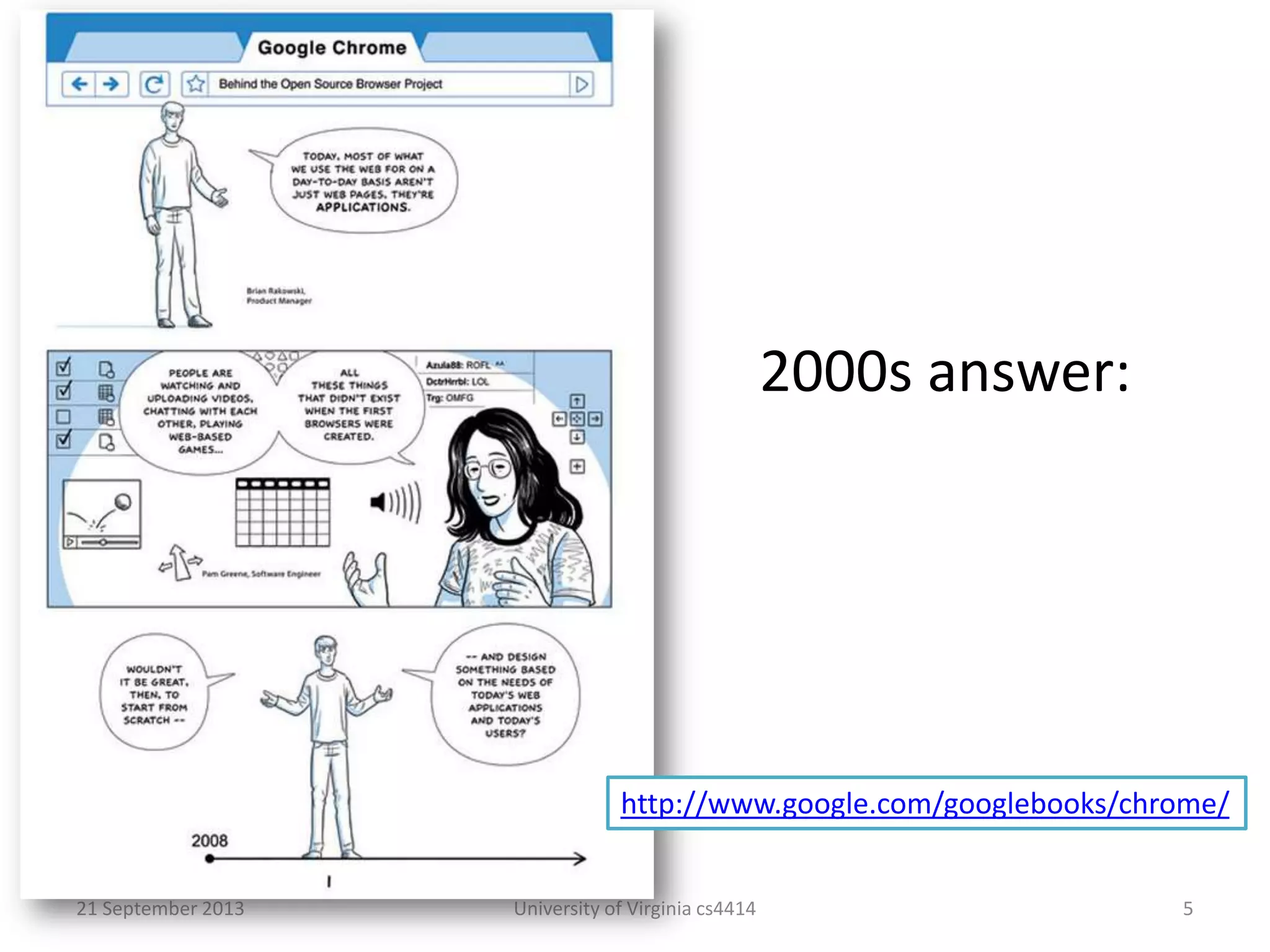 21 September 2013 University of Virginia cs4414 5
2000s answer:
http://www.google.com/googlebooks/chrome/
 