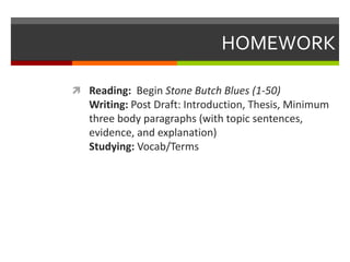 HOMEWORK

 Reading: Begin Stone Butch Blues (1-50)
   Writing: Post Draft: Introduction, Thesis, Minimum
   three body paragraphs (with topic sentences,
   evidence, and explanation)
   Studying: Vocab/Terms
 