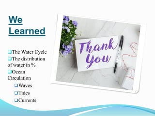We
Learned
❑The Water Cycle
❑The distribution
of water in %
❑Ocean
Circulation
❑Waves
❑Tides
❑Currents
 