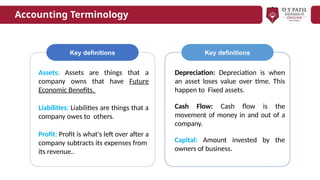 Key definitions
Assets: Assets are things that a
company owns that have Future
Economic Benefits.
Liabilities: Liabilities are things that a
company owes to others.
Proﬁt: Proﬁt is what's left over after a
company subtracts its expenses from
its revenue..
Depreciation: Depreciation is when
an asset loses value over time. This
happen to Fixed assets.
Cash Flow: Cash ﬂow is the
movement of money in and out of a
company.
Capital: Amount invested by the
owners of business.
Key definitions
Accounting Terminology
 