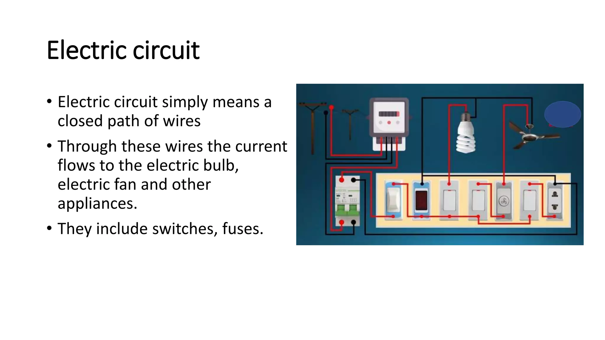 Electric circuit
• Electric circuit simply means a
closed path of wires
• Through these wires the current
flows to the electric bulb,
electric fan and other
appliances.
• They include switches, fuses.