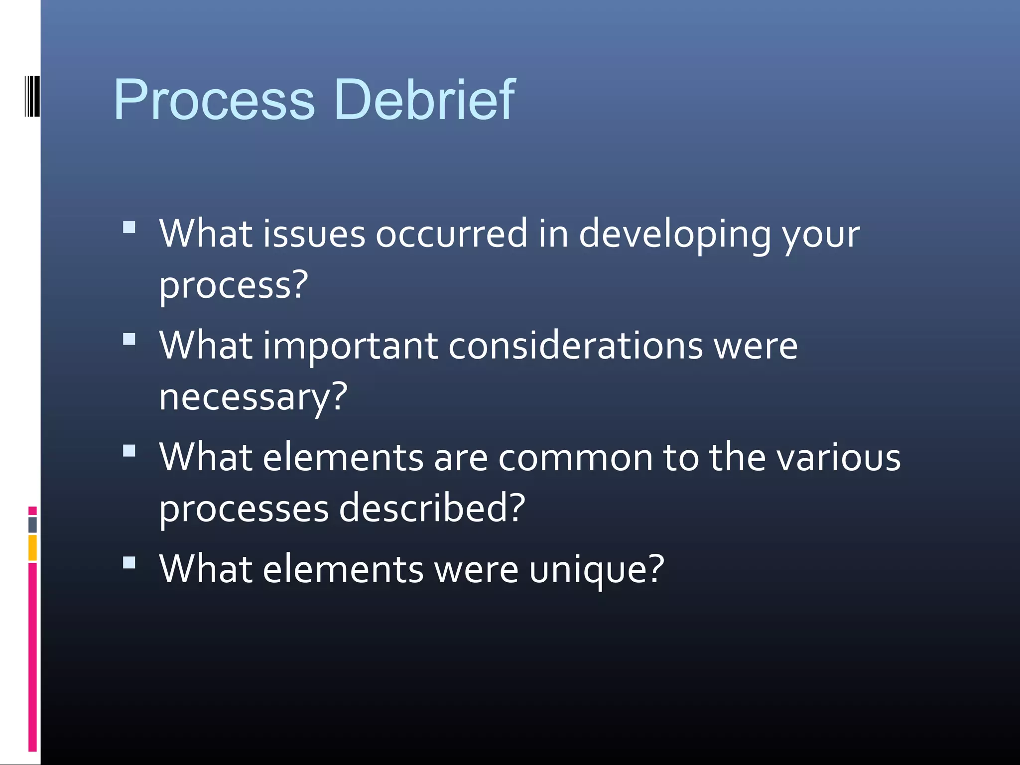 Process Debrief
 What issues occurred in developing your
process?
 What important considerations were
necessary?
 What elements are common to the various
processes described?
 What elements were unique?
 