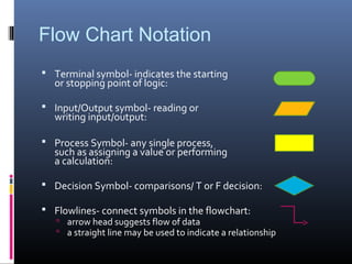 Flow Chart Notation
 Terminal symbol- indicates the starting
or stopping point of logic:
 Input/Output symbol- reading or
writing input/output:
 Process Symbol- any single process,
such as assigning a value or performing
a calculation:
 Decision Symbol- comparisons/ T or F decision:
 Flowlines- connect symbols in the flowchart:
 arrow head suggests flow of data
 a straight line may be used to indicate a relationship
 