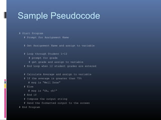 Sample Pseudocode
# Start Program
# Prompt for Assignment Name
# Get Assignment Name and assign to variable
# Loop through Student 1-12
# prompt for grade
# get grade and assign to variable
# End Loop when 12 student grades are entered
# Calculate Average and assign to variable
# If the average is greater than 75%
# msg is “Well Done”
# Else
# msg is “Oh, oh!”
# End if
# Compose the output string
# Send the formatted output to the screen
# End Program
 