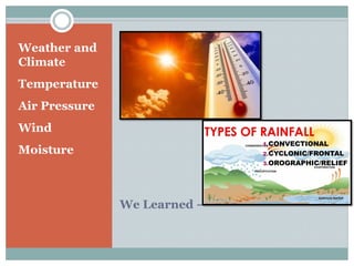 We Learned –
Weather and
Climate
Temperature
Air Pressure
Wind
Moisture
 