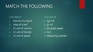 MATCH THE FOLLOWING
COLUMN A
A. Volume of a liquid
B. Area of a leaf
C. S.I unit of volume
D. S.I unit of Density
E. S.I unit of speed
COLUMN B
(i) kg/ m3
(ii) (j) m3
(iii) (k) graph paper
(iv) m/s
(v) Measuring cylinder
 