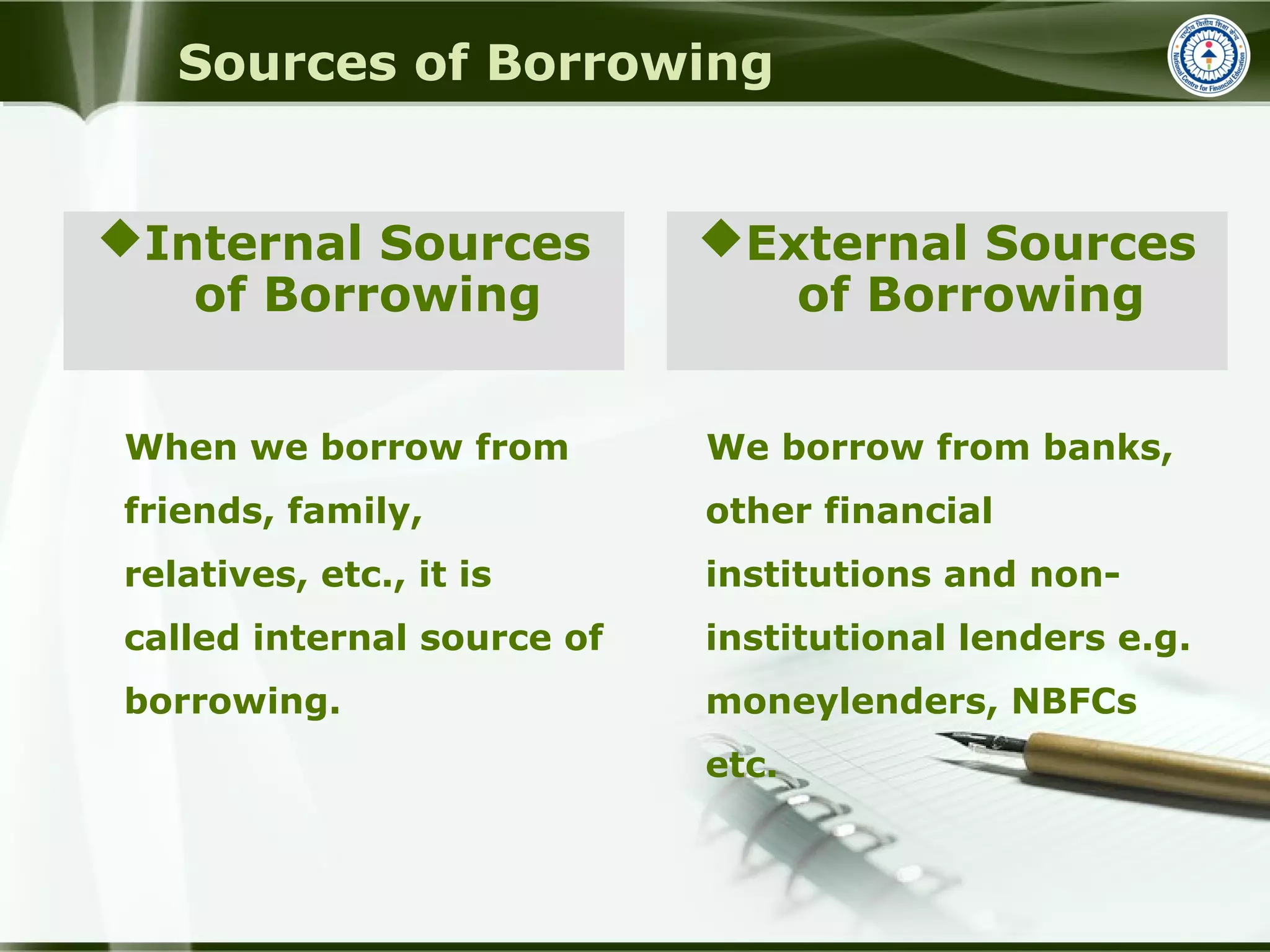 Sources of Borrowing
Internal Sources
of Borrowing
External Sources
of Borrowing
When we borrow from
friends, family,
relatives, etc., it is
called internal source of
borrowing.
We borrow from banks,
other financial
institutions and non-
institutional lenders e.g.
moneylenders, NBFCs
etc.
 