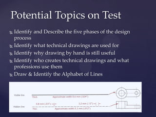 Potential Topics on Test
 Identify and Describe the five phases of the design
  process
 Identify what technical drawings are used for

 Identify why drawing by hand is still useful

 Identify who creates technical drawings and what

  professions use them
 Draw & Identify the Alphabet of Lines
 