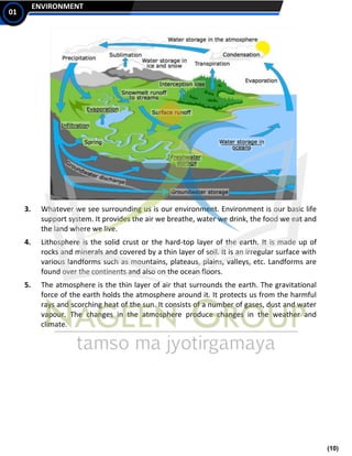 (10)
ENVIRONMENT
01
3. Whatever we see surrounding us is our environment. Environment is our basic life
support system. It provides the air we breathe, water we drink, the food we eat and
the land where we live.
4. Lithosphere is the solid crust or the hard-top layer of the earth. It is made up of
rocks and minerals and covered by a thin layer of soil. It is an irregular surface with
various landforms such as mountains, plateaus, plains, valleys, etc. Landforms are
found over the continents and also on the ocean floors.
5. The atmosphere is the thin layer of air that surrounds the earth. The gravitational
force of the earth holds the atmosphere around it. It protects us from the harmful
rays and scorching heat of the sun. It consists of a number of gases, dust and water
vapour. The changes in the atmosphere produce changes in the weather and
climate.
 