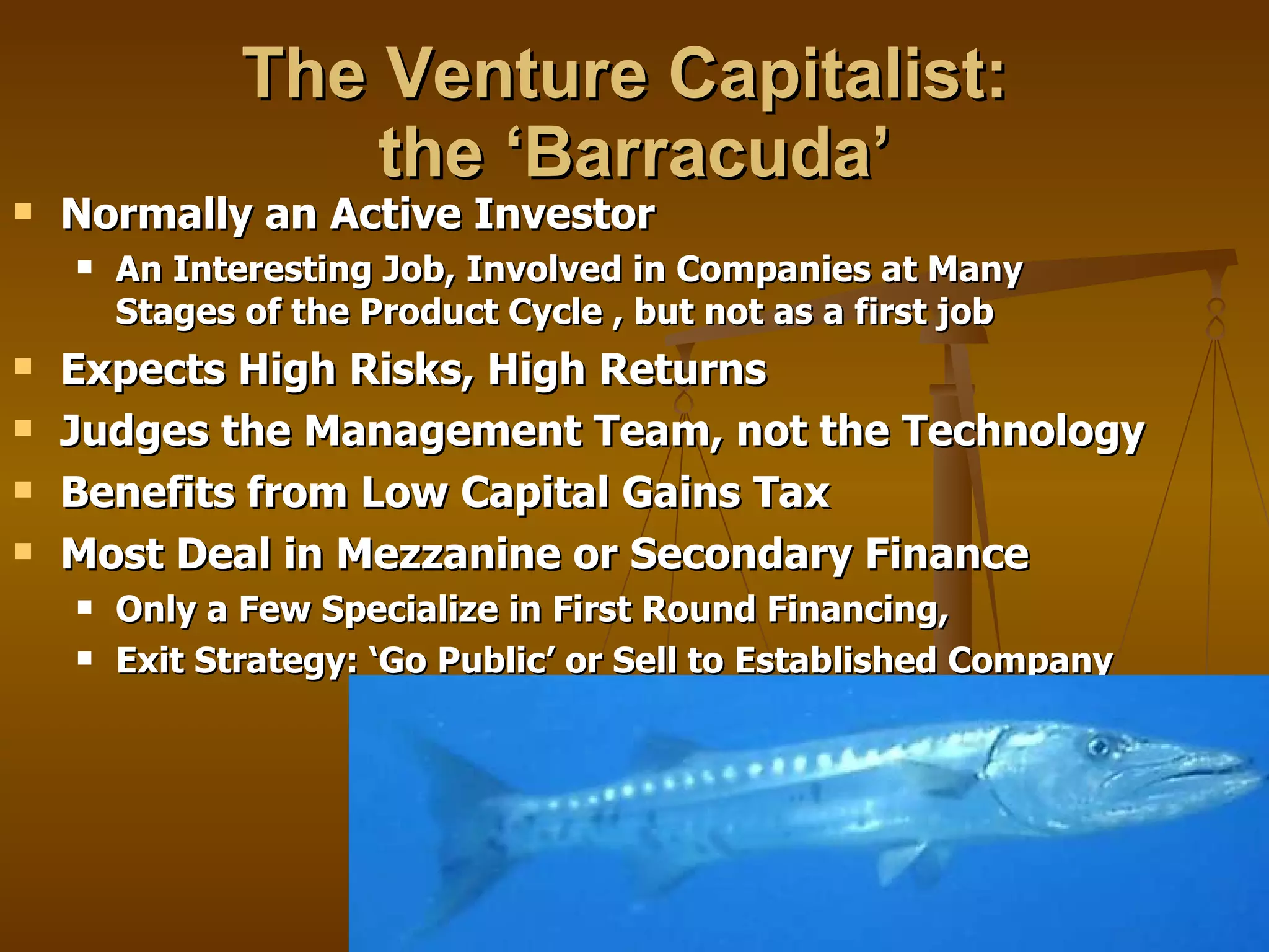 The Venture Capitalist:  the ‘Barracuda’ Normally an Active Investor An Interesting Job, Involved in Companies at Many Stages of the Product Cycle , but not as a first job Expects High Risks, High Returns Judges the Management Team, not the Technology Benefits from Low Capital Gains Tax Most Deal in Mezzanine or Secondary Finance Only a Few Specialize in First Round Financing,  Exit Strategy: ‘Go Public’ or Sell to Established Company 