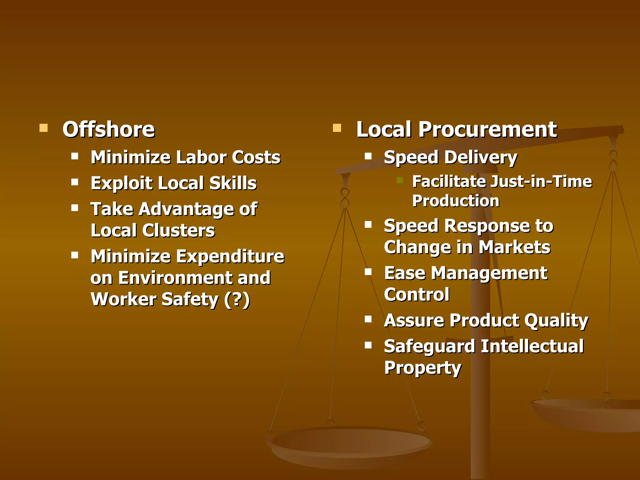 Offshore Minimize Labor Costs Exploit Local Skills Take Advantage of Local Clusters Minimize Expenditure on Environment and Worker Safety (?) Local Procurement Speed Delivery Facilitate Just-in-Time Production Speed Response to Change in Markets Ease Management Control Assure Product Quality Safeguard Intellectual Property 