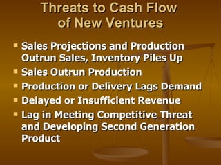 Threats to Cash Flow  of New Ventures Sales Projections and Production Outrun Sales, Inventory Piles Up Sales Outrun Production Production or Delivery Lags Demand Delayed or Insufficient Revenue Lag in Meeting Competitive Threat and Developing Second Generation Product 