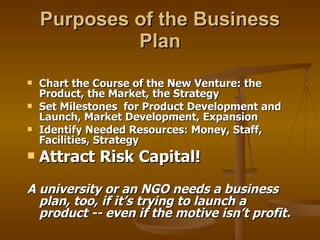 Purposes of the Business Plan Chart the Course of the New Venture: the Product, the Market, the Strategy Set Milestones  for Product Development and Launch, Market Development, Expansion Identify Needed Resources: Money, Staff, Facilities, Strategy Attract Risk Capital! A university or an NGO needs a business plan, too, if it’s trying to launch a product -- even if the motive isn’t profit. 