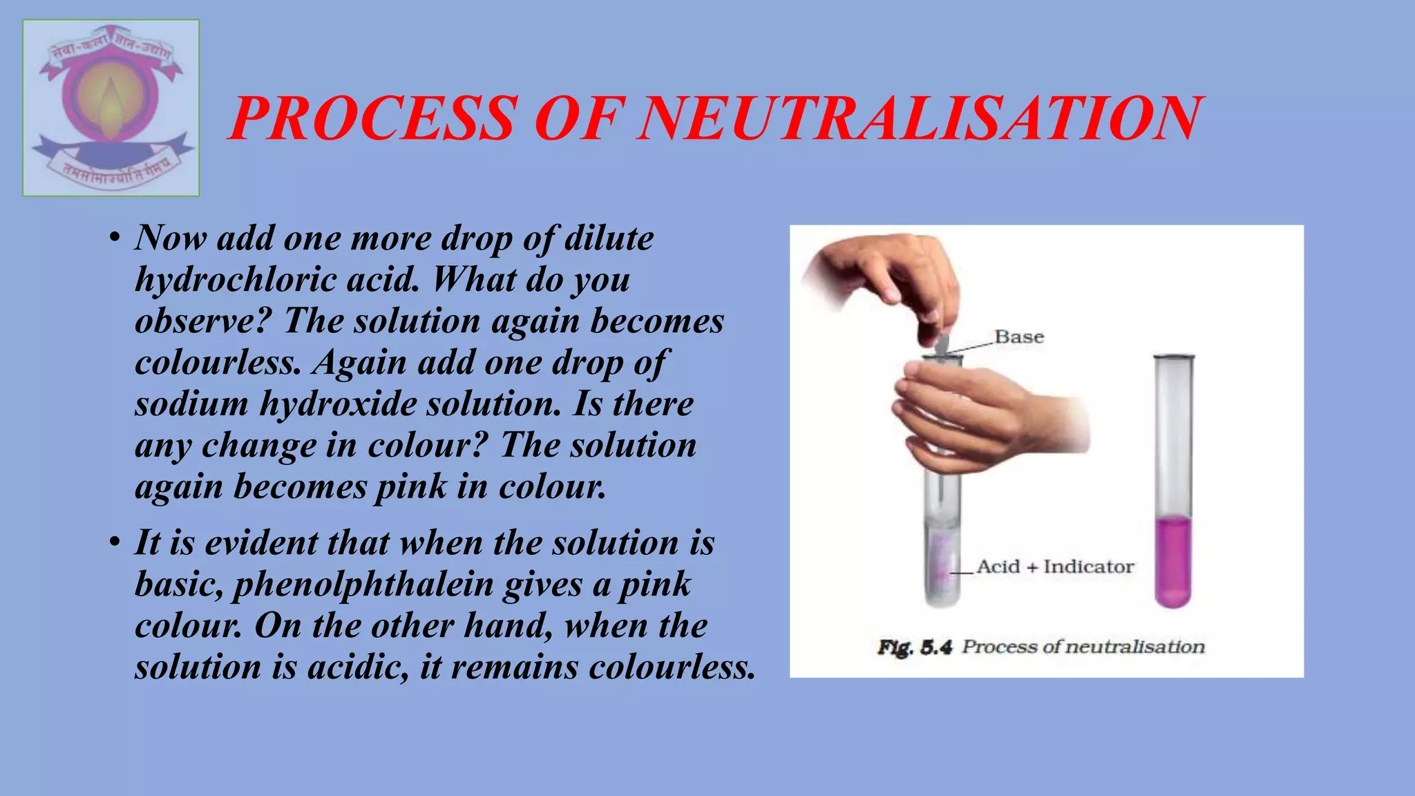 PROCESS OF NEUTRALISATION
• Now add one more drop of dilute
hydrochloric acid. What do you
observe? The solution again becomes
colourless. Again add one drop of
sodium hydroxide solution. Is there
any change in colour? The solution
again becomes pink in colour.
• It is evident that when the solution is
basic, phenolphthalein gives a pink
colour. On the other hand, when the
solution is acidic, it remains colourless.
 