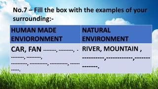 No.7 – Fill the box with the examples of your
surrounding:-
CAR, FAN --------, ---------, -
--------, ---------,
----------, -----------, -----------, ------
-----.
RIVER, MOUNTAIN ,
----------,------------,-------
-------.
 