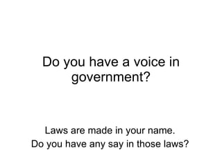 Do you have a voice in government? Laws are made in your name. Do you have any say in those laws? 