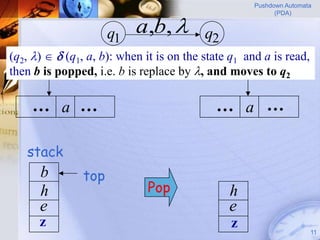 Pushdown Automata



                           a,b, 
                                                           (PDA)


                     q1                   q2
(q2, )   (q1, a, b): when it is on the state q1 and a is read,
   input
then b is popped, i.e. b is replace by , and moves to q2

    … a …                                   … a …

   stack
      b        top
      h                      Pop               h
      e                                        e
      z                                         z                    11
 
