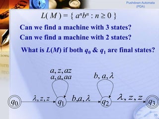 Pushdown Automata
                                                          (PDA)


             L( M ) = { anbn : n  0 }
     Can we find a machine with 3 states?
     Can we find a machine with 2 states?
     What is L(M) if both q0 & q1 are final states?

                    a, z, az
                    a, a, aa            b, a, 


q0        , z, z     q1       b,a,      q2
                                                   , z, z q
                                                            3
                                                                    33
 