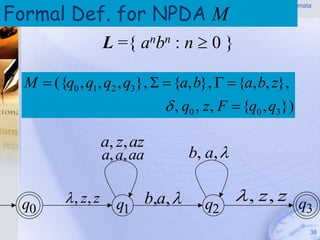 Formal Def. for NPDA M
                                                     Pushdown Automata
                                                           (PDA)




                     L ={ anbn : n  0 }

  M  ({q0 , q1 , q2 , q3},   {a, b},   {a, b, z},
                                    , q0 , z, F  {q0 , q3})

                     a, z, az
                     a, a, aa            b, a, 


 q0        , z, z     q1       b,a,      q2
                                                    , z, z q
                                                             3
                                                                     38
 