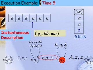 Execution Example: Time 5
                                                   Pushdown Automata
                                                         (PDA)



                                                       a
       a a a b b b                                     a
                                                       a
                                                       z
Instantaneous         ( q2, bb, aaz)
Description                                        Stack
                   a, z, az
                   a, a, aa            b, a, 


  q0     , z, z     q1       b,a,      q2
                                                  ,z, z q
                                                          3
                                                                   44
 