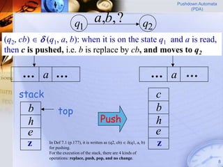 Pushdown Automata
                                                                                      (PDA)


                             q1          a,b, ?                        q2
(q2, cb)   (q1, a, b): when it is on the state q1 and a is read,
    input
then c is pushed, i.e. b is replace by cb, and moves to q2

     … a …                                                                  … a …
    stack                                                                   c
       b           top                                                      b
       h                                     Push                           h
       e                                                                    e
       z      In Def 7.1 (p.177), it is written as (q2, cb)  (q1, a, b)
              for pushing.
                                                                            z
              For the execution of the stack, there are 4 kinds of
              operations: replace, push, pop, and no change.
                                                                                                    8
 