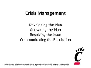 Crisis Management Developing the Plan Activating the Plan Resolving the Issue Communicating the Resolution To Do: Be conversational about problem solving in the workplace 