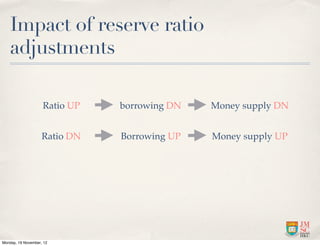 Impact of reserve ratio
   adjustments

                    Ratio UP   borrowing DN   Money supply DN


                    Ratio DN   Borrowing UP   Money supply UP




Monday, 19 November, 12
 