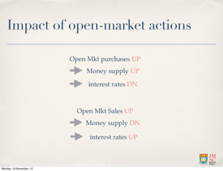 Impact of open-market actions

                          Open Mkt purchases UP
                               Money supply UP

                               interest rates DN



                            Open Mkt Sales UP
                              Money supply DN

                               interest rates UP



Monday, 19 November, 12
 