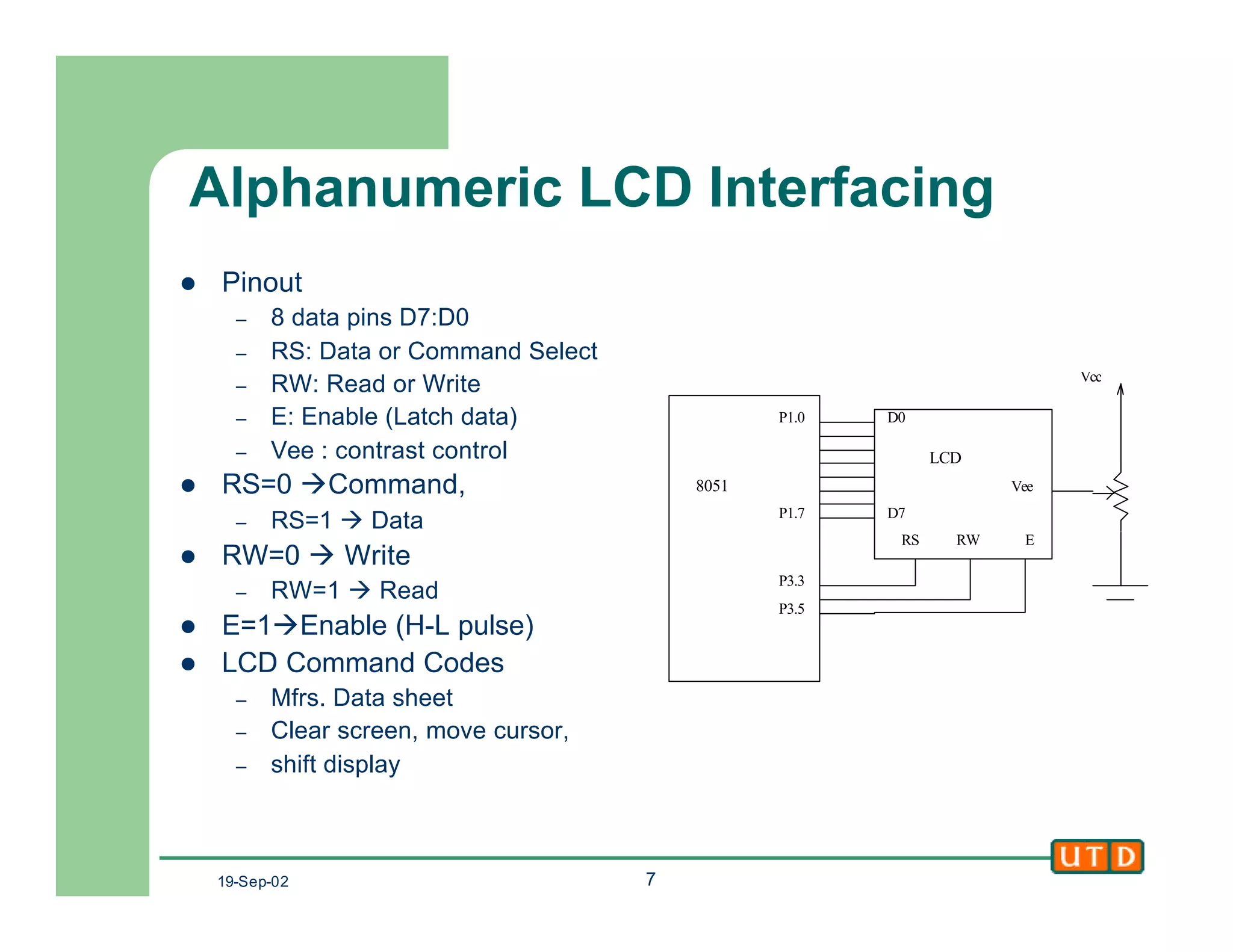 19-Sep-02 7
Alphanumeric LCD Interfacing
l Pinout
– 8 data pins D7:D0
– RS: Data or Command Select
– RW: Read or Write
– E: Enable (Latch data)
– Vee : contrast control
l RS=0 àCommand,
– RS=1 à Data
l RW=0 à Write
– RW=1 à Read
l E=1àEnable (H-L pulse)
l LCD Command Codes
– Mfrs. Data sheet
– Clear screen, move cursor,
– shift display
P1.0
P1.7
D0
D7
P3.3
P3.5
Vcc
Vee8051
LCD
ERWRS
 
