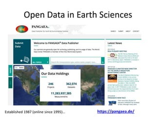 Open Data in Earth Sciences
https://pangaea.de/Established 1987 (online since 1995)…
 
