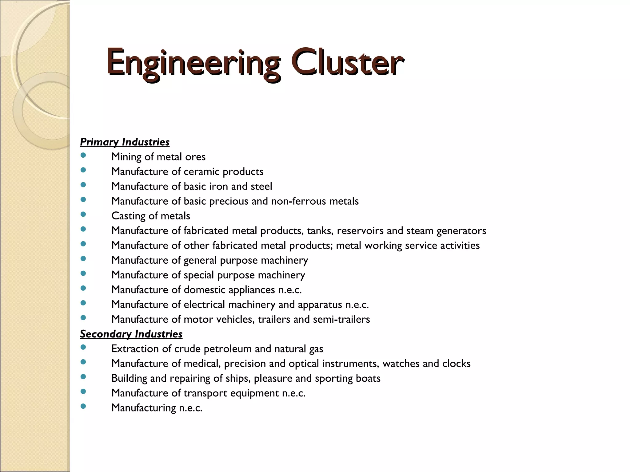 Engineering ClusterEngineering Cluster
Primary Industries
 Mining of metal ores
 Manufacture of ceramic products
 Manufacture of basic iron and steel
 Manufacture of basic precious and non-ferrous metals
 Casting of metals
 Manufacture of fabricated metal products, tanks, reservoirs and steam generators
 Manufacture of other fabricated metal products; metal working service activities
 Manufacture of general purpose machinery
 Manufacture of special purpose machinery
 Manufacture of domestic appliances n.e.c.
 Manufacture of electrical machinery and apparatus n.e.c.
 Manufacture of motor vehicles, trailers and semi-trailers
Secondary Industries
 Extraction of crude petroleum and natural gas
 Manufacture of medical, precision and optical instruments, watches and clocks
 Building and repairing of ships, pleasure and sporting boats
 Manufacture of transport equipment n.e.c.
 Manufacturing n.e.c.
 