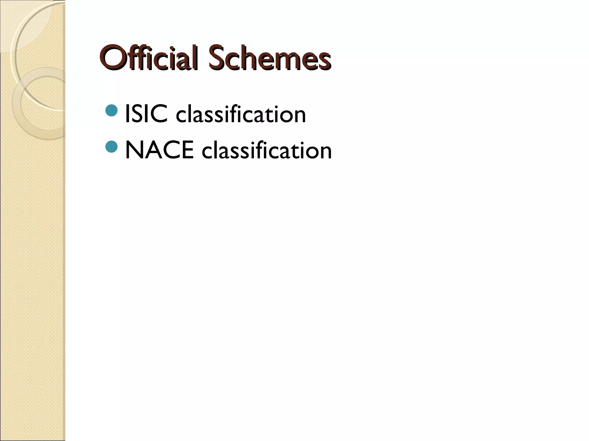 Official SchemesOfficial Schemes
ISIC classification
NACE classification
 