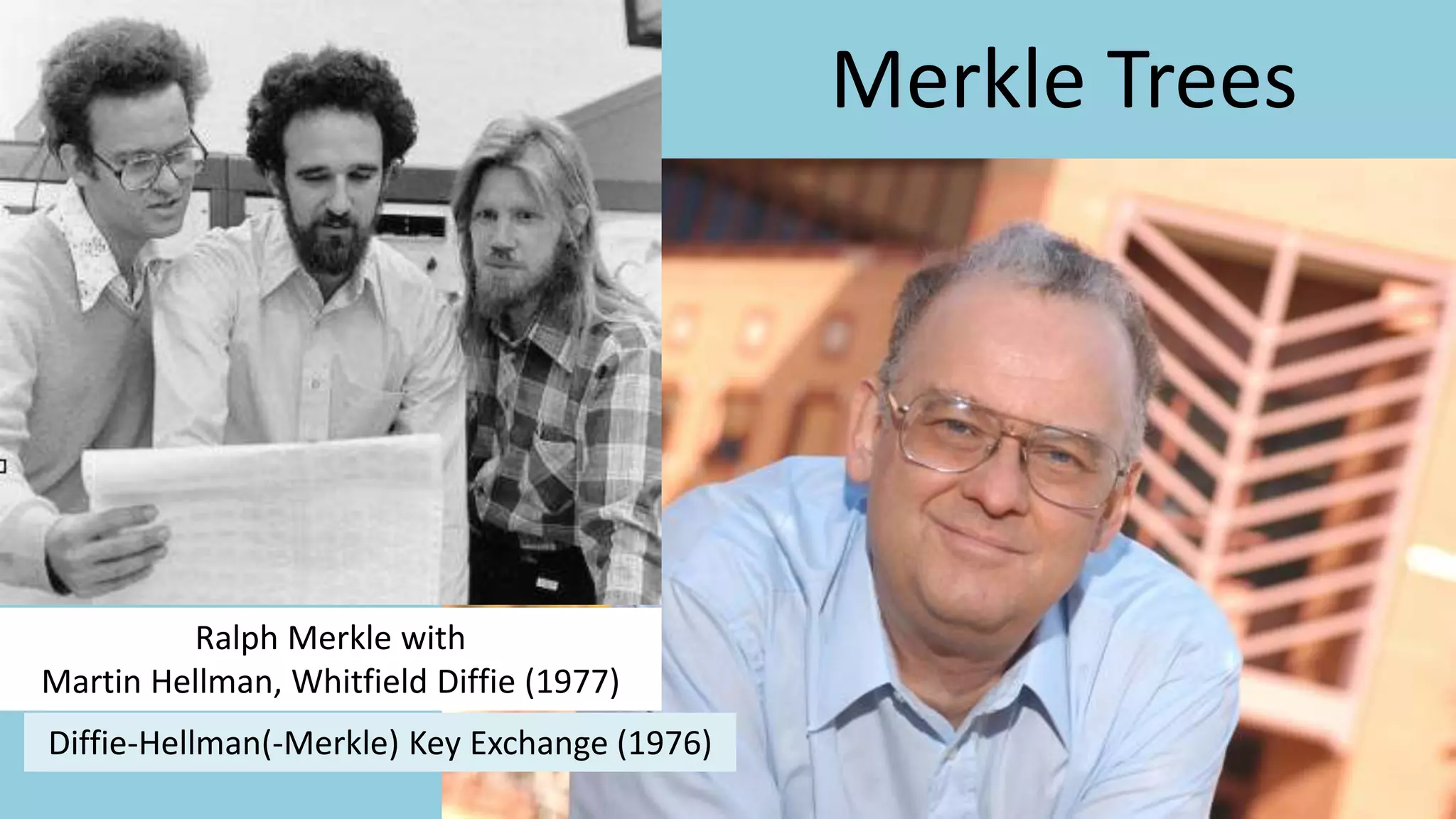 Merkle Trees
11
Ralph Merkle with
Martin Hellman, Whitfield Diffie (1977)
Diffie-Hellman(-Merkle) Key Exchange (1976)
 