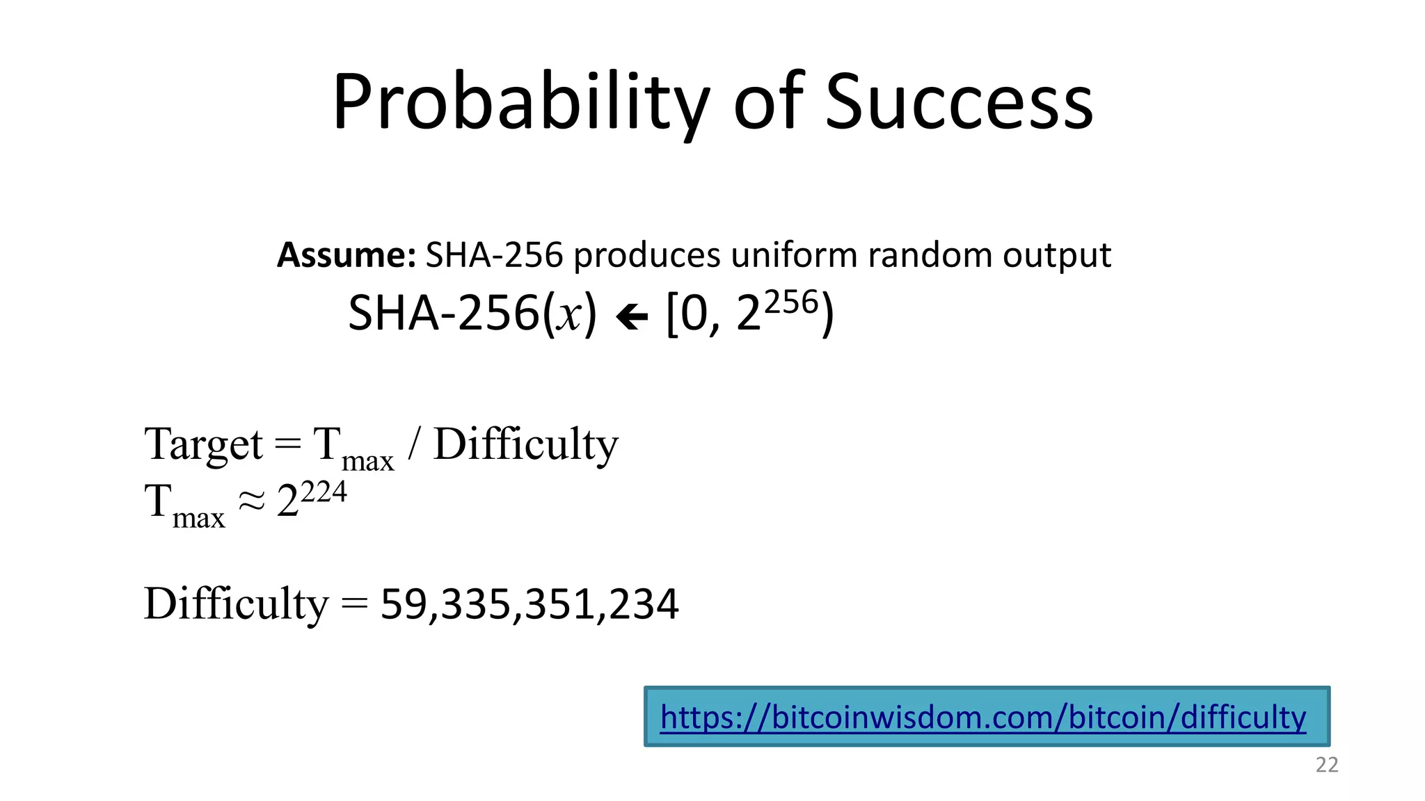 Probability of Success
22
Assume: SHA-256 produces uniform random output
SHA-256(x)  [0, 2256)
Target = Tmax / Difficulty
Tmax ≈ 2224
Difficulty = 59,335,351,234
https://bitcoinwisdom.com/bitcoin/difficulty
 