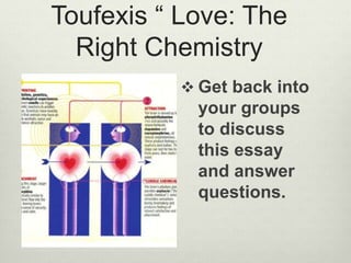 Toufexis “ Love: The 
Right Chemistry 
 Get back into 
your groups 
to discuss 
this essay 
and answer 
questions. 
 