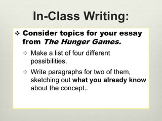 In-Class Writing: 
 Consider topics for your essay 
from The Hunger Games. 
 Make a list of four different 
possibilities. 
 Write paragraphs for two of them, 
sketching out what you already know 
about the concept.. 
 