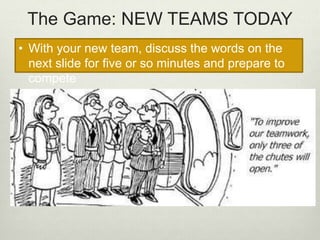 The Game: NEW TEAMS TODAY 
• With your new team, discuss the words on the 
next slide for five or so minutes and prepare to 
compete 
 