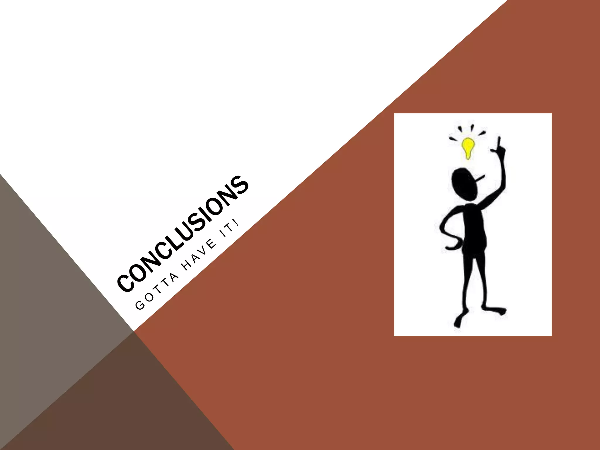STRATEGIES FOR WRITING A CONCLUSION
Conclusions are often the most difficult part of an essay to
write, and many writers feel that they have nothing left to say
after having written the paper. A writer needs to keep in mind
that the conclusion is often what a reader remembers best.
Your conclusion should be the best part of your paper.

A conclusion should
• stress the importance of the thesis statement,
• give the essay a sense of completeness, and
• leave a final impression on the reader.
 